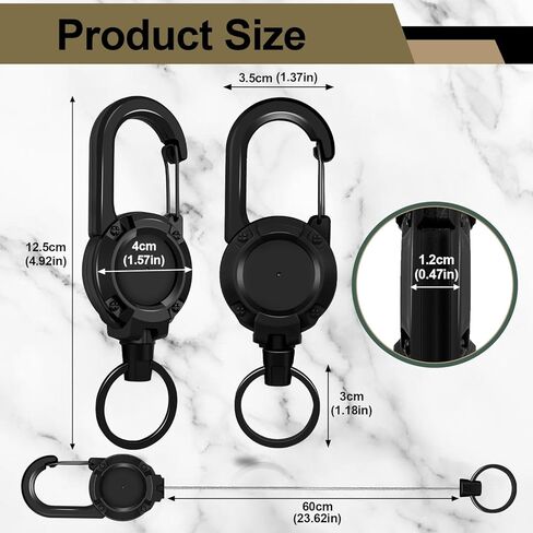 Retractable Keychain 2 Piece Heavy Duty Carabiner Badge Holder Retractable Badge Reel Key Ring Key Holder for 8.0 oz with 24" Steel Cord Lanyard Clip (Black) in Saudi Arabia