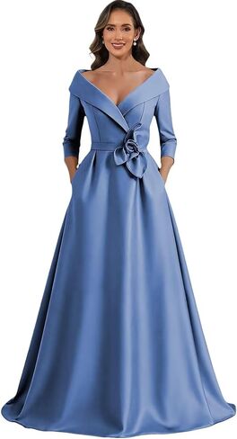 فساتين أم العروس من الساتان للنساء بدون أكتاف وأكمام طويلة فستان رسمي لحفلات الزفاف مع جيوب in Kuwait