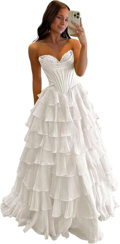 Ruffle Prom Dress Corset Tiered 2026 Strapless Long Chiffon Formal Evening Gown with Slit in Saudi Arabia