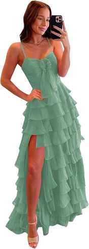 CuteMe Chiffon Tiered Prom Dress for Teens Ruffles Corset Spaghetti Strap Evening Party Gowns with Slit CC043 in Saudi Arabia