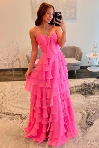 CuteMe Chiffon Tiered Prom Dress for Teens Ruffles Corset Spaghetti Strap Evening Party Gowns with Slit CC043 in Saudi Arabia