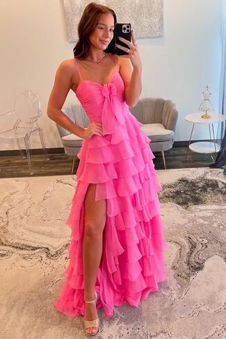 CuteMe Chiffon Tiered Prom Dress for Teens Ruffles Corset Spaghetti Strap Evening Party Gowns with Slit CC043 in Saudi Arabia