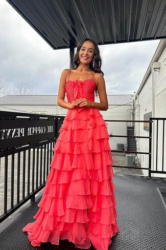 CuteMe Chiffon Tiered Prom Dress for Teens Ruffles Corset Spaghetti Strap Evening Party Gowns with Slit CC043 in Saudi Arabia
