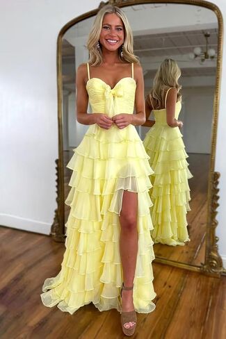 CuteMe Chiffon Tiered Prom Dress for Teens Ruffles Corset Spaghetti Strap Evening Party Gowns with Slit CC043 in Saudi Arabia