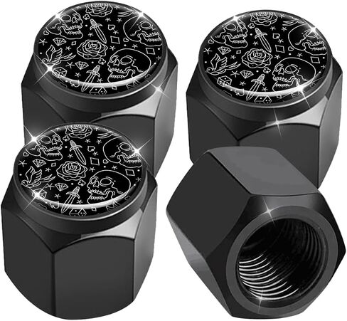 Tire Valve Stem Caps 4 Pack, Car Wheel Stem Caps,Aluminum Air Valve Covers Universal Fit for Cars, SUVs,Trucks, Bikes, and Motorcycles(Skull Head Rose) in Saudi Arabia