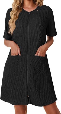 Ekouaer Women's Zipper Bathrobe Short Housecoat Summer Soft Knit Robe Short Sleeve Loungewear Nightgown with Pockets in Saudi Arabia