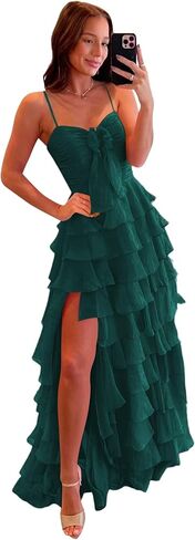 فستان حفلة موسيقية من الشيفون من CuteMe للمراهقين مكشكش مشد بحزام سباغيتي للحفلات المسائية مع فتحة CC043 in Kuwait