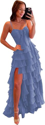 CuteMe Chiffon Tiered Prom Dress for Teens Ruffles Corset Spaghetti Strap Evening Party Gowns with Slit CC043 in Saudi Arabia