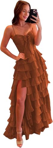 CuteMe Chiffon Tiered Prom Dress for Teens Ruffles Corset Spaghetti Strap Evening Party Gowns with Slit CC043 in Saudi Arabia