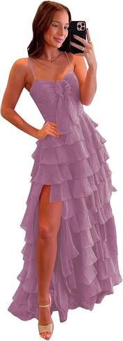CuteMe Chiffon Tiered Prom Dress for Teens Ruffles Corset Spaghetti Strap Evening Party Gowns with Slit CC043 in Saudi Arabia