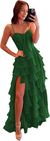 CuteMe Chiffon Tiered Prom Dress for Teens Ruffles Corset Spaghetti Strap Evening Party Gowns with Slit CC043 in Saudi Arabia