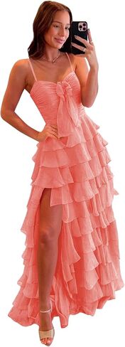 CuteMe Chiffon Tiered Prom Dress for Teens Ruffles Corset Spaghetti Strap Evening Party Gowns with Slit CC043 in Saudi Arabia
