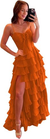 CuteMe Chiffon Tiered Prom Dress for Teens Ruffles Corset Spaghetti Strap Evening Party Gowns with Slit CC043 in Saudi Arabia