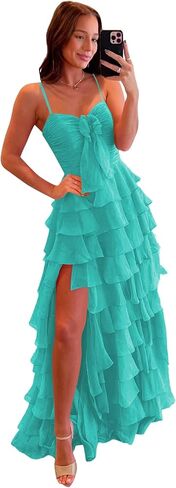 CuteMe Chiffon Tiered Prom Dress for Teens Ruffles Corset Spaghetti Strap Evening Party Gowns with Slit CC043 in Saudi Arabia