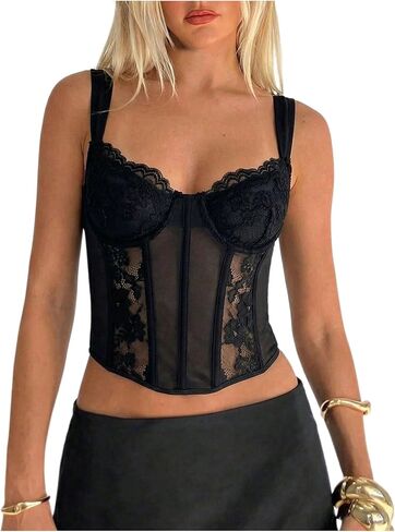 MakeMeChic Women's Lace Bustier Corset Mesh Tops Slimming Backless Going Out Party Crop Tank Top in Saudi Arabia