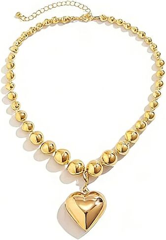 Gold Sliver Chunky Love Heart Necklace,Puffy Heart Shaped Pendant Choker Necklace,Adjustable Stylish Punk Round Bead Jewelry Gifts for Women Teen Girls in Kuwait