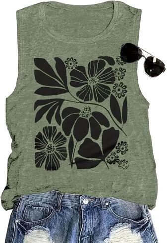 Womens Tank Tops Boho Casual Summer Tops Crew Neck Sleeveless Beach Graphic Shirts Muscle Workout Tunic Tops in Saudi Arabia