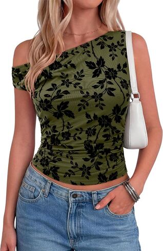 Lazysmile Womens Summer Floral Off Shoulder Tops Sleeveless Ruched Slim Fit Shirts Blouse Y2K Going Out Mesh Tank Tops in Kuwait