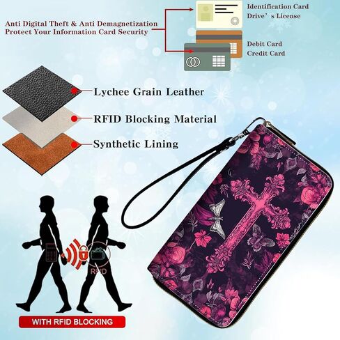 محفظة نسائية، محفظة نسائية من جلد البولي يوريثان RFID لطيف محافظ للفتيات والنساء والسيدات محفظة كبيرة لبطاقة الائتمان ومحفظة وحامل بطاقات وجيب للعملات المعدنية ومحافظ سفر مع سحاب، صليب الله يسوع المسيحي in Kuwait