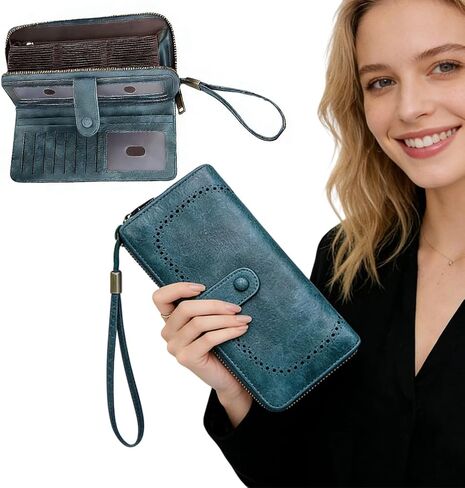 محفظة نسائية مزودة بتقنية RFID، حامل بطاقات ائتمان جلدية، سعة كبيرة، محفظة معصم، محفظة سفر، أزرق داكن in Saudi Arabia