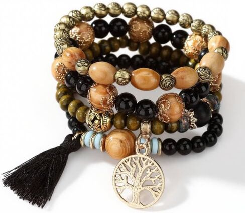 Bohemian Layered Wood Bead Bracelet Set, Elastic Stackable Bracelets with Tree of Life Charm & Tassel in Saudi Arabia