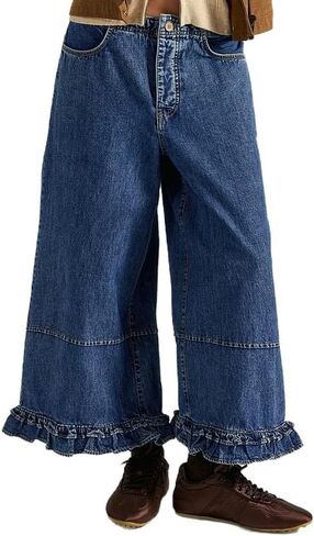 chouyatou Women's 2026 Boyfriend Y2K Wide Leg Jeans Mid Waist Ruffled Ankle Denim Pant with Pockets in Saudi Arabia