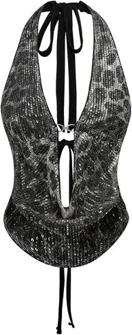 Women's Sequin Top Cheetah Print Y2K Tops Tie Back Halter Top for Women Club Going Out Sexy Backless Outfits in Saudi Arabia