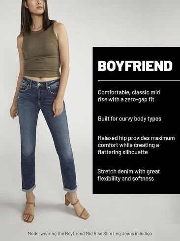 شركة Silver Jeans Co. بنطال جينز نسائي Boyfriend متوسط ​​الارتفاع بساق نحيفة، لون داكن، 28 عرض × 29 طول in Saudi Arabia