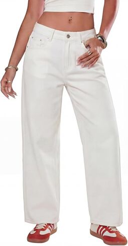Women's 100% Cotton Denim Jeans Straight Wide Leg Jeans Low Rise Rigid Denim Retro 90s Baggy Boyfriend Fit YKK Zipper in Saudi Arabia