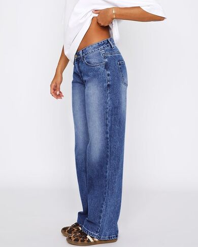 KDF Wide Leg Jeans Woman Low Rise Straight Leg Jeans for Women Baggy Denim Pants with Pockets in Kuwait