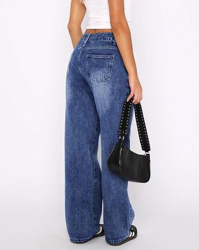 KDF Wide Leg Jeans Woman Low Rise Straight Leg Jeans for Women Baggy Denim Pants with Pockets in Kuwait