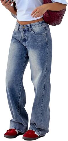 KDF Wide Leg Jeans Woman Low Rise Straight Leg Jeans for Women Baggy Denim Pants with Pockets in Kuwait