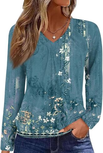 Womens 2026 T Shirts V Neck Delicate Chest Pleats Long Sleeve Shirt Casual Retro Fashion Floral Tops in Kuwait