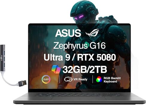 كمبيوتر محمول ASUS ROG Zephyrus G16 AI للألعاب مقاس 16.0 بوصة شاشة ROG Nebula OLED FHD + (Intel Ultra 9-285H، GeForce RTX 5080 16GB، 32GB LPDDR5X، 4TB SSD، RGB KB، Wi-Fi 7، BT 5.4، Win11Home) مع موسع منفذ USB DKZ in Kuwait