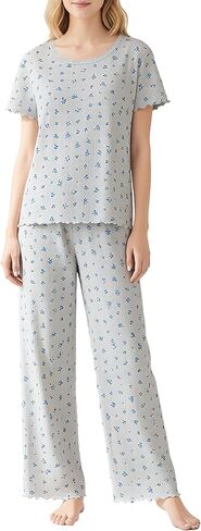 طقم بيجامة بنقشة الزهور من EUZ Pointelle Ditsy للنساء - قطعتين بأكمام قصيرة وسروال واسع الساق مقاس XS - XXL in Kuwait