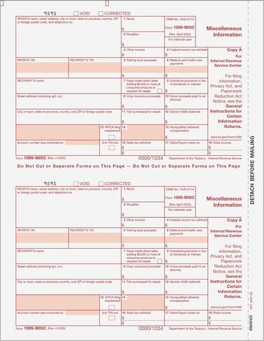 1099-نماذج الضرائب MISC لعام 2025 | 2-up نسخة فيدرالية نموذج A فقط | الكمية 10 in Kuwait
