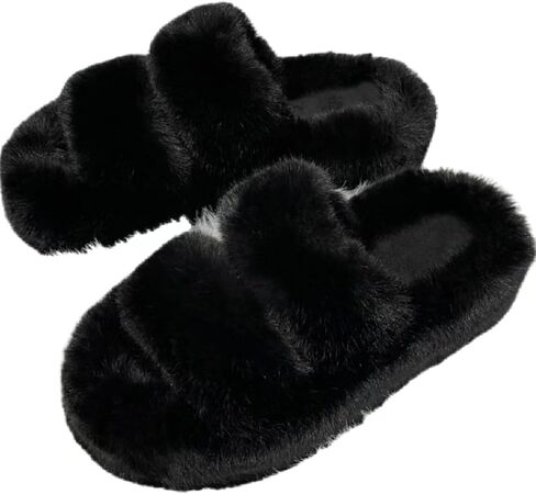 Women's Fluffy Fuzzy Slippers Cozy Comfy Memory Foam Open Toe House Slippers Faux Fur Soft Plush Two Band Slides Anti-Skid Indoor Outdoor Home Bedroom for Women in Kuwait