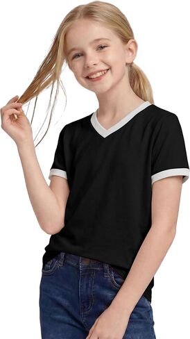 Poroka Girls Short Sleeve Shirt V-Neck Tee with Ribbed Trim Plain T-Shirts Soft Fashion Summer Tops for Girls, 7-14 Years in Saudi Arabia