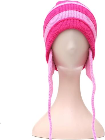 محبوك قبعة المرأة الشتاء غطاء بيرو آذان الوردي مخطط قبعة صغيرة شيربا القبعات متماسكة y2k تأثيري ازياء (الكبار) in Kuwait