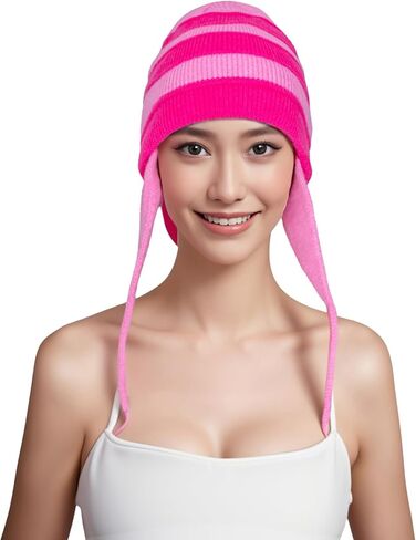 محبوك قبعة المرأة الشتاء غطاء بيرو آذان الوردي مخطط قبعة صغيرة شيربا القبعات متماسكة y2k تأثيري ازياء (الكبار) in Kuwait