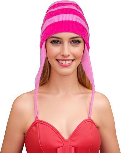 محبوك قبعة المرأة الشتاء غطاء بيرو آذان الوردي مخطط قبعة صغيرة شيربا القبعات متماسكة y2k تأثيري ازياء (الكبار) in Kuwait