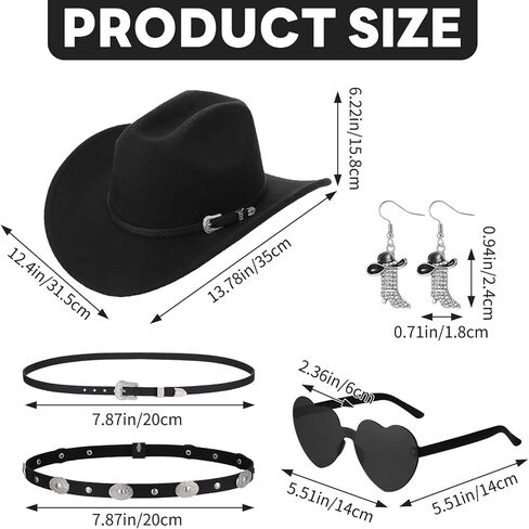 مجموعة من 5 قطع من قبعة رعاة البقر الغربية مع اثنين من الأقراط الشمسية المزخرفة على شكل قلب للرجال والنساء والحفلات التنكرية باللون الأسود in Kuwait