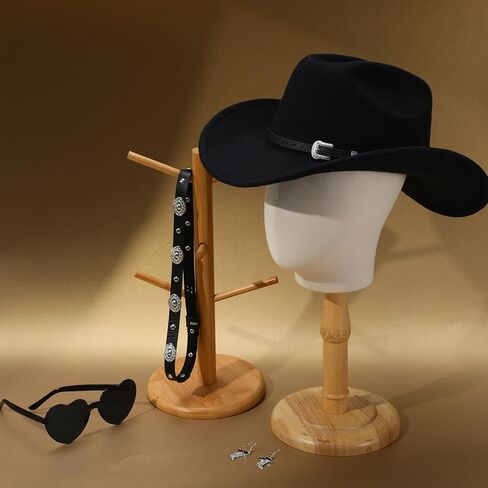 مجموعة من 5 قطع من قبعة رعاة البقر الغربية مع اثنين من الأقراط الشمسية المزخرفة على شكل قلب للرجال والنساء والحفلات التنكرية باللون الأسود in Kuwait