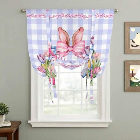 Happy Easter Tie Up Curtains for Window, Rabbits Bows Spring Tulips Eggs Purple Plaid Thermal Insulated Balloon Shade Rod Pocket Curtains Valance Panels for Kitchen Bathroom Café 42'' x 54'' in Saudi Arabia