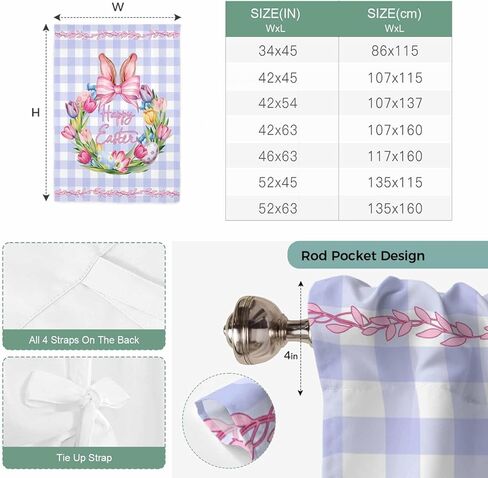 Happy Easter Tie Up Curtains for Window, Rabbits Bows Spring Tulips Eggs Purple Plaid Thermal Insulated Balloon Shade Rod Pocket Curtains Valance Panels for Kitchen Bathroom Café 42'' x 54'' in Saudi Arabia