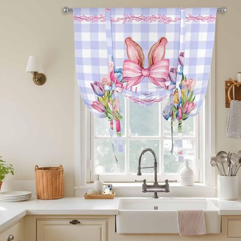 Happy Easter Tie Up Curtains for Window, Rabbits Bows Spring Tulips Eggs Purple Plaid Thermal Insulated Balloon Shade Rod Pocket Curtains Valance Panels for Kitchen Bathroom Café 42'' x 54'' in Saudi Arabia