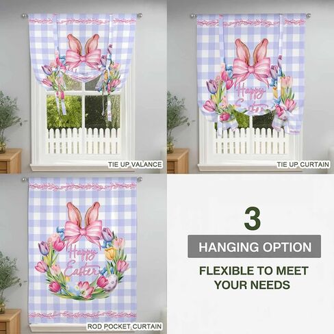 Happy Easter Tie Up Curtains for Window, Rabbits Bows Spring Tulips Eggs Purple Plaid Thermal Insulated Balloon Shade Rod Pocket Curtains Valance Panels for Kitchen Bathroom Café 42'' x 54'' in Saudi Arabia
