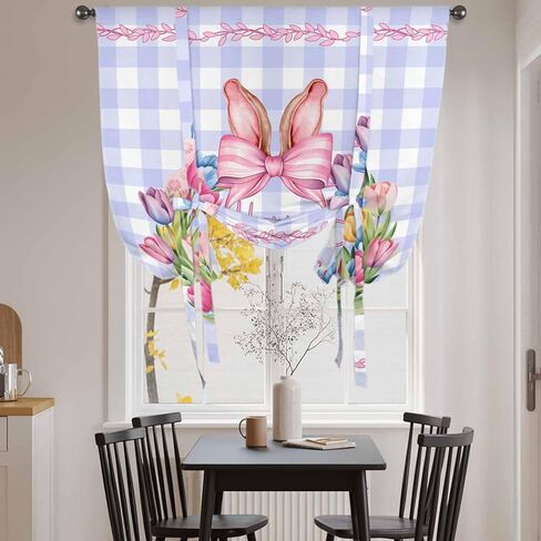 Happy Easter Tie Up Curtains for Window, Rabbits Bows Spring Tulips Eggs Purple Plaid Thermal Insulated Balloon Shade Rod Pocket Curtains Valance Panels for Kitchen Bathroom Café 42'' x 54'' in Saudi Arabia