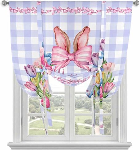 Happy Easter Tie Up Curtains for Window, Rabbits Bows Spring Tulips Eggs Purple Plaid Thermal Insulated Balloon Shade Rod Pocket Curtains Valance Panels for Kitchen Bathroom Café 42'' x 54'' in Saudi Arabia