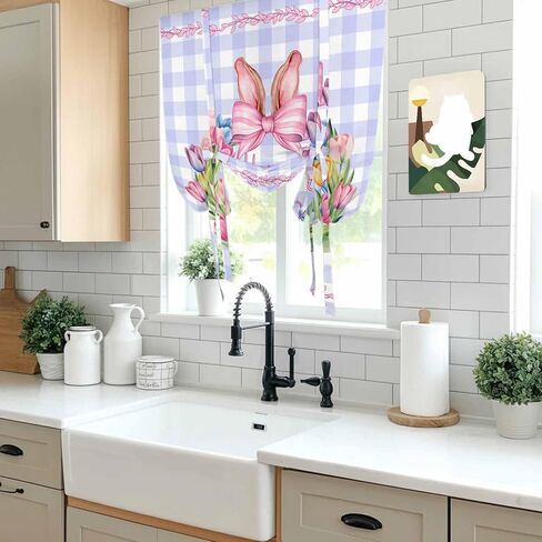 Happy Easter Tie Up Curtains for Window, Rabbits Bows Spring Tulips Eggs Purple Plaid Thermal Insulated Balloon Shade Rod Pocket Curtains Valance Panels for Kitchen Bathroom Café 42'' x 54'' in Saudi Arabia